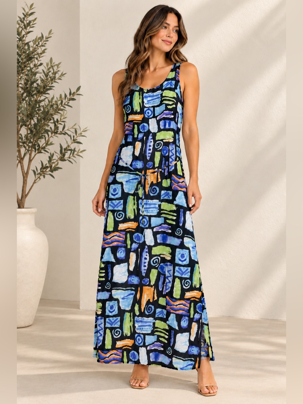 Nina Piccalino Abstract Print Rayon Maxi Dress Size 10